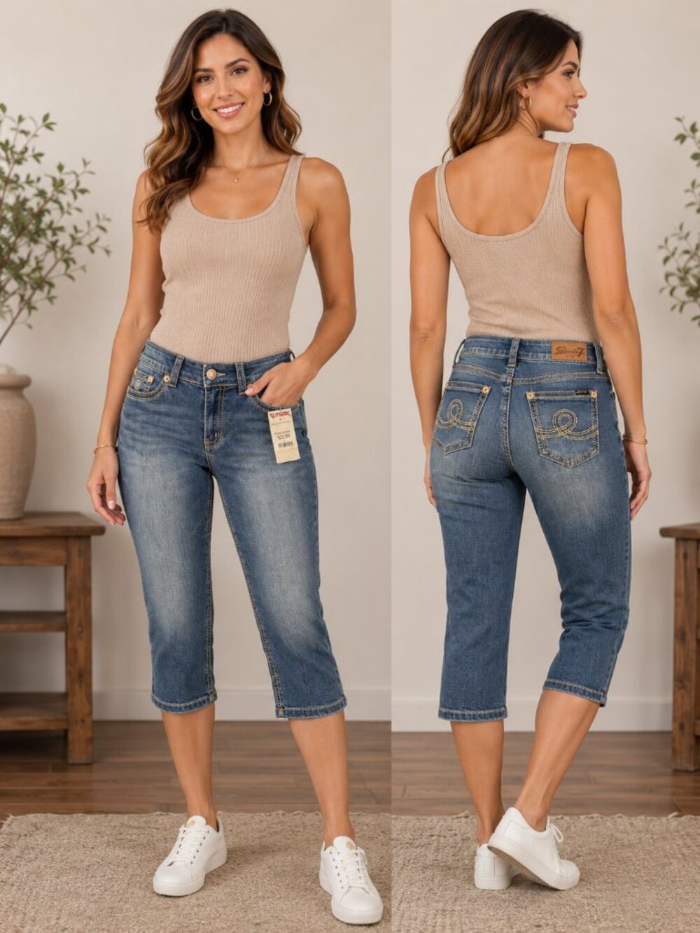 🩷. 1537  Seven7 Women's Cropped Capri Jeans Medium Wash Embroidered Pocket Str